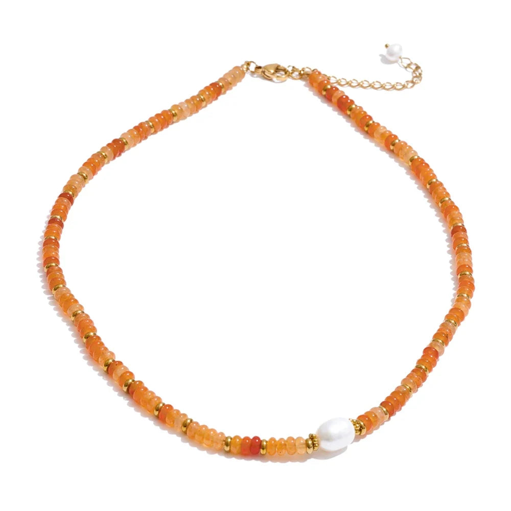 Collier perle baroque et rondelles de cornaline orange, intercalaires dorés