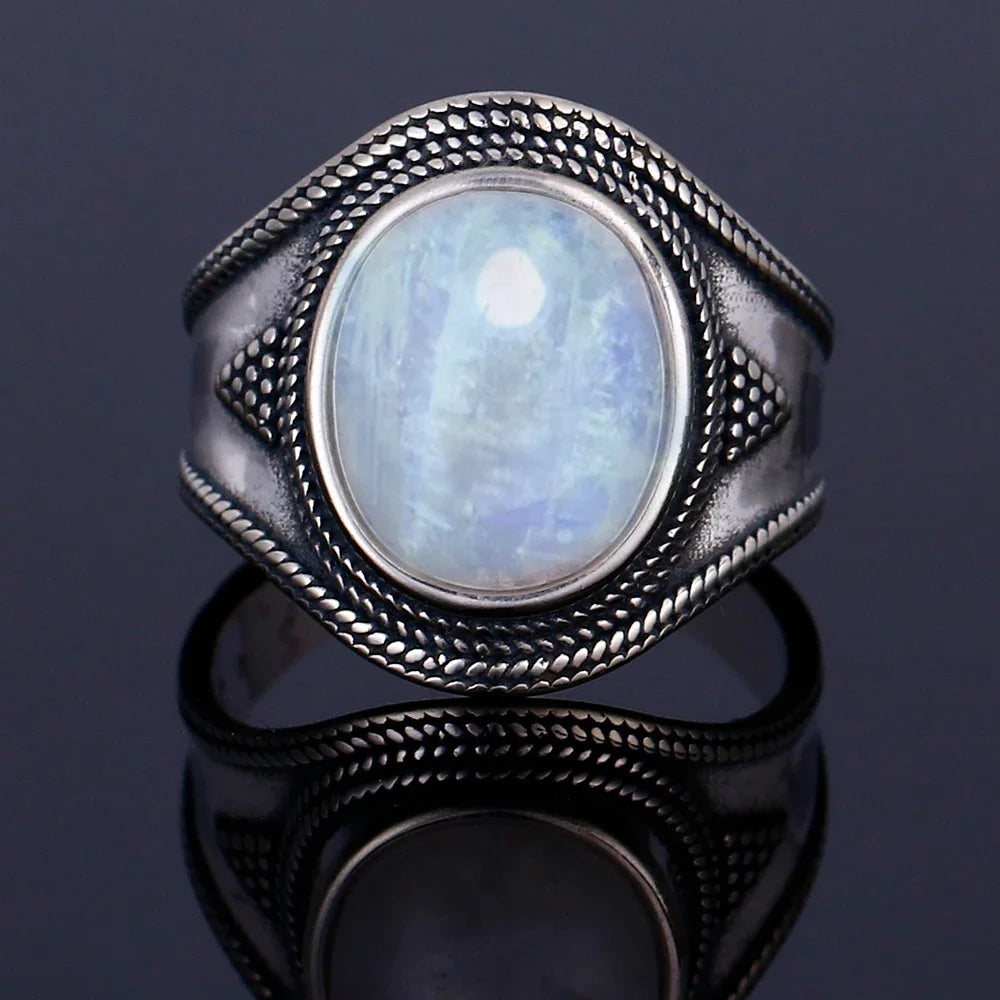 Bague Pierre de Lune Vintage, Grande Pierre Ovale Argentée