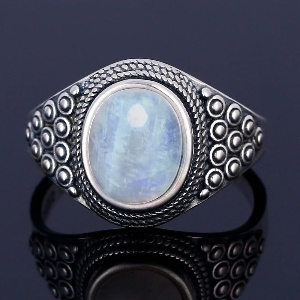 Bague Pierre de Lune Vintage, Grande Pierre Ovale Argentée