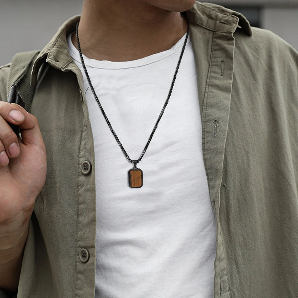 Collier homme pierre naturelle lapis-lazuli bleu outremer serti acier brossé