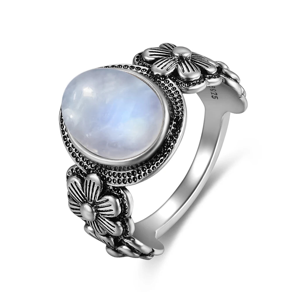 Bague Fiançailles Pierre de Lune, Petite Fleur Argentée