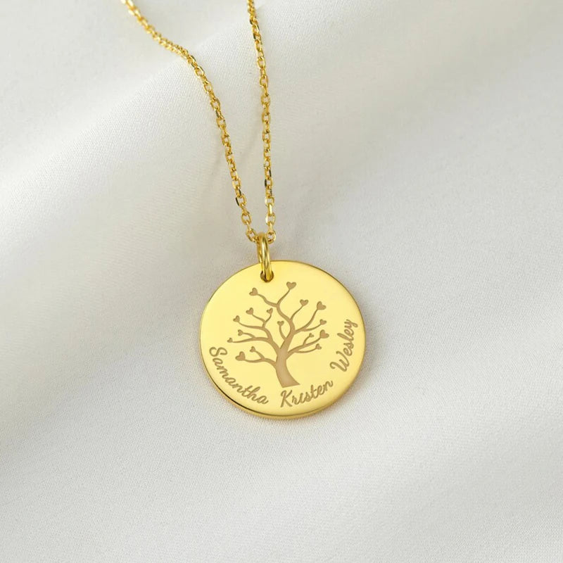 Collier arbre de vie personnalisé, médaille dorée gravée de prénoms