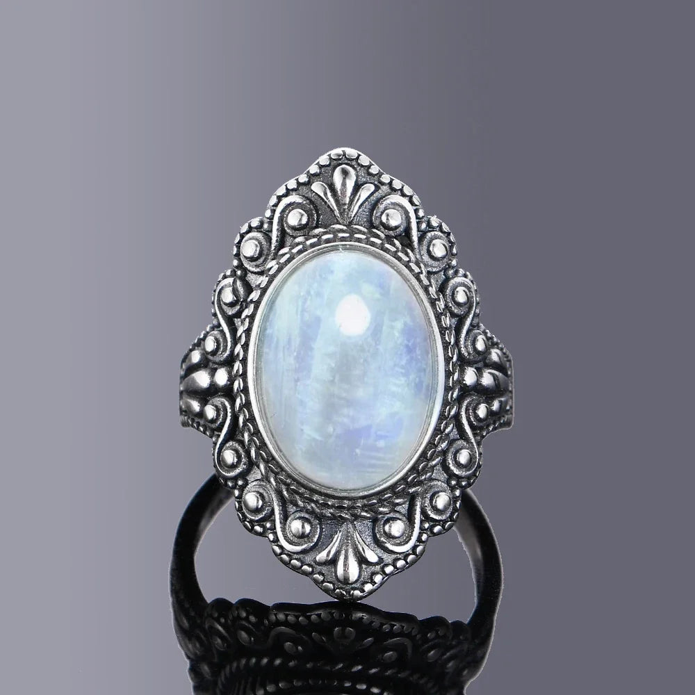 Bague Pierre de Lune Vintage, Grande Pierre Ovale Argentée