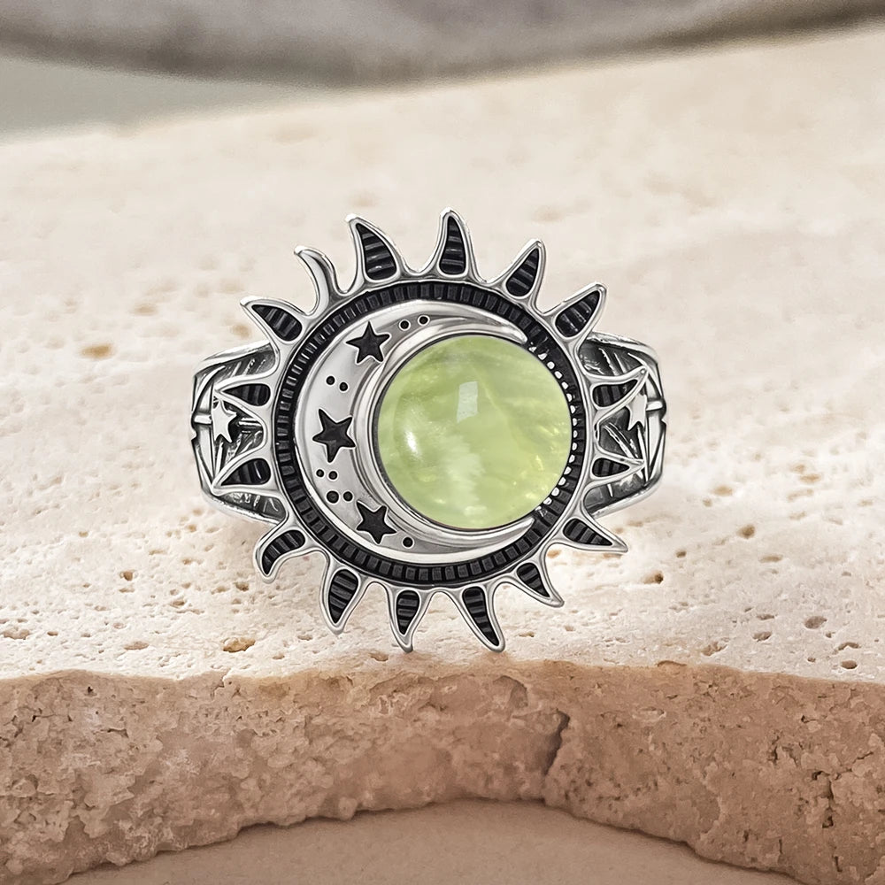 Bague Cabochon Pierre de Lune 8 mm, Lune et Étoile