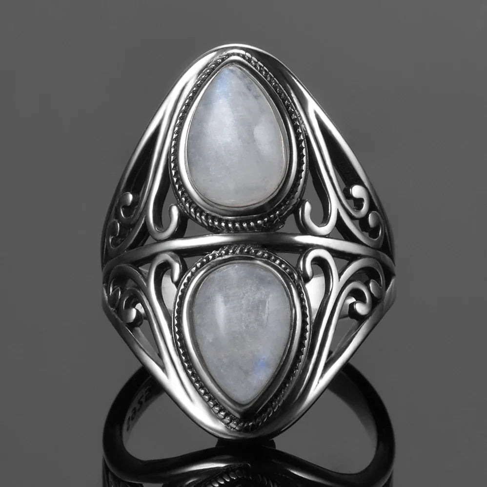 Bague Pierre de Lune Vintage, Grande Pierre Ovale Argentée