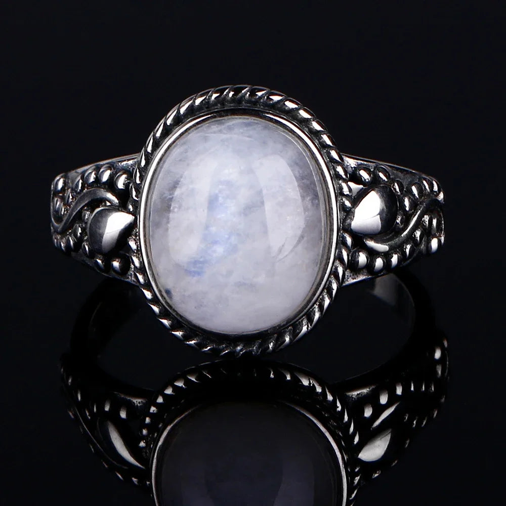Bague Pierre de Lune Vintage, Grande Pierre Ovale Argentée