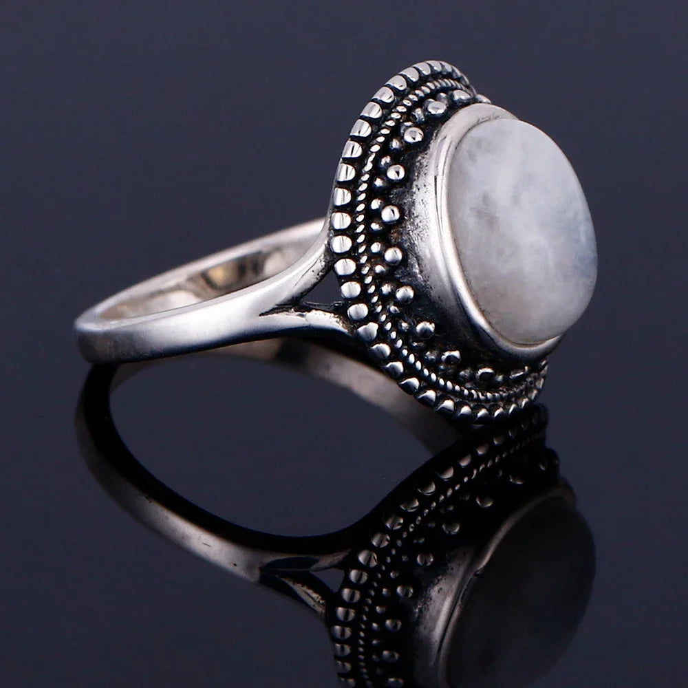 Bague Pierre de Lune Vintage, Grande Pierre Ovale Argentée