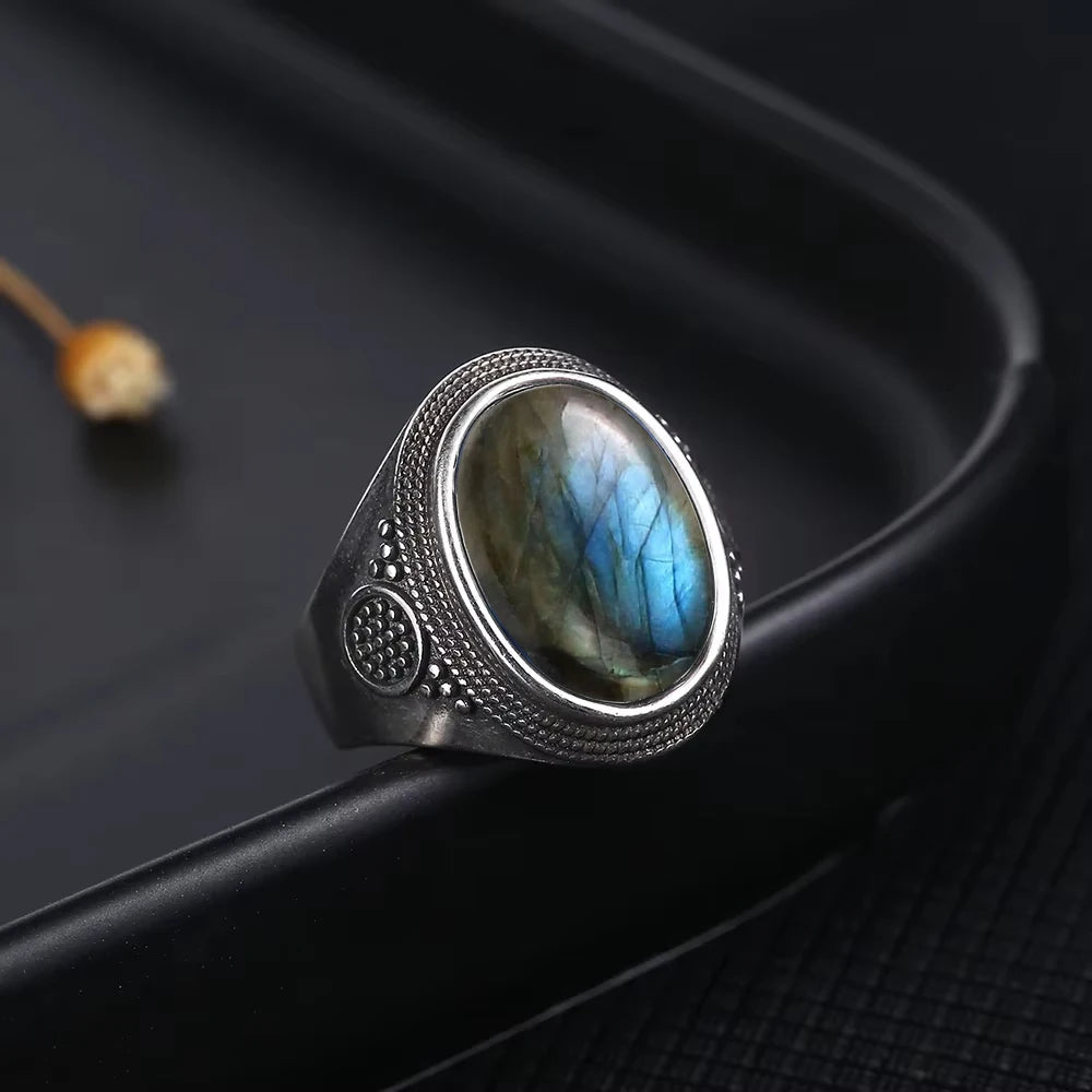 Grosse Bague Pierre de Lune Ovale 10x14 mm, Rétro Argentée