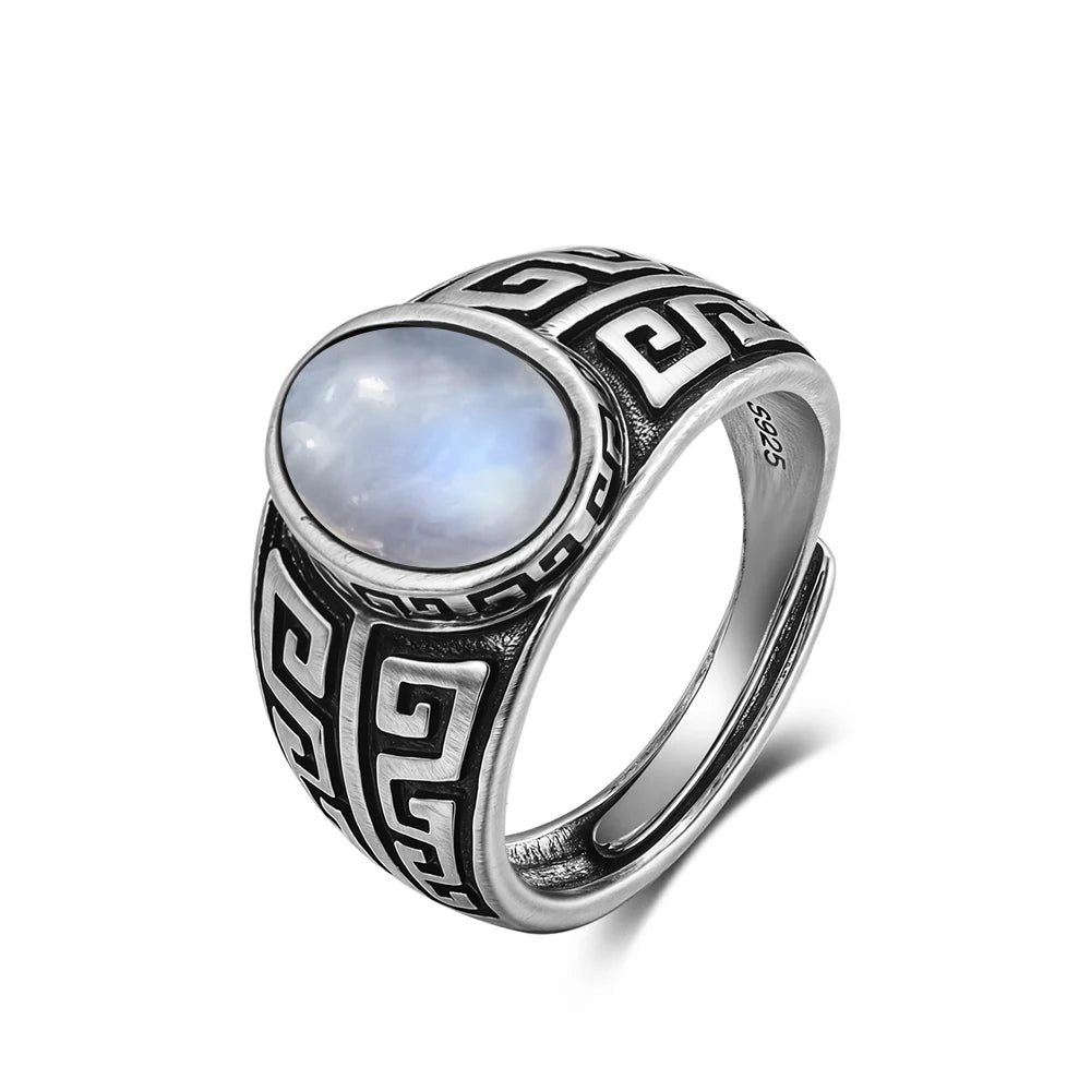 Grosse Bague Pierre de Lune Ovale 10x14 mm, Rétro Argentée