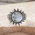 Bague Cabochon Pierre de Lune 8 mm, Lune et Étoile