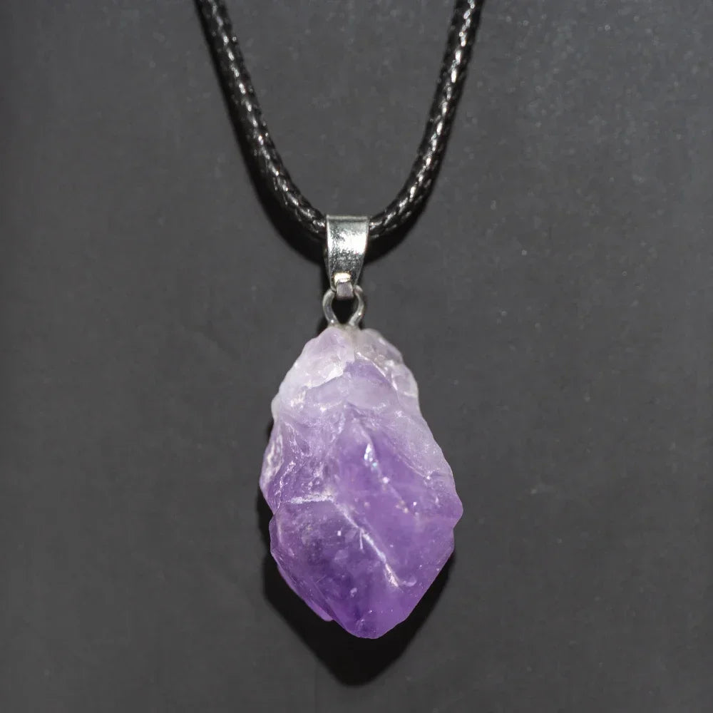 Pendentif amethyste brute naturelle cordon cuir - lithotherapie