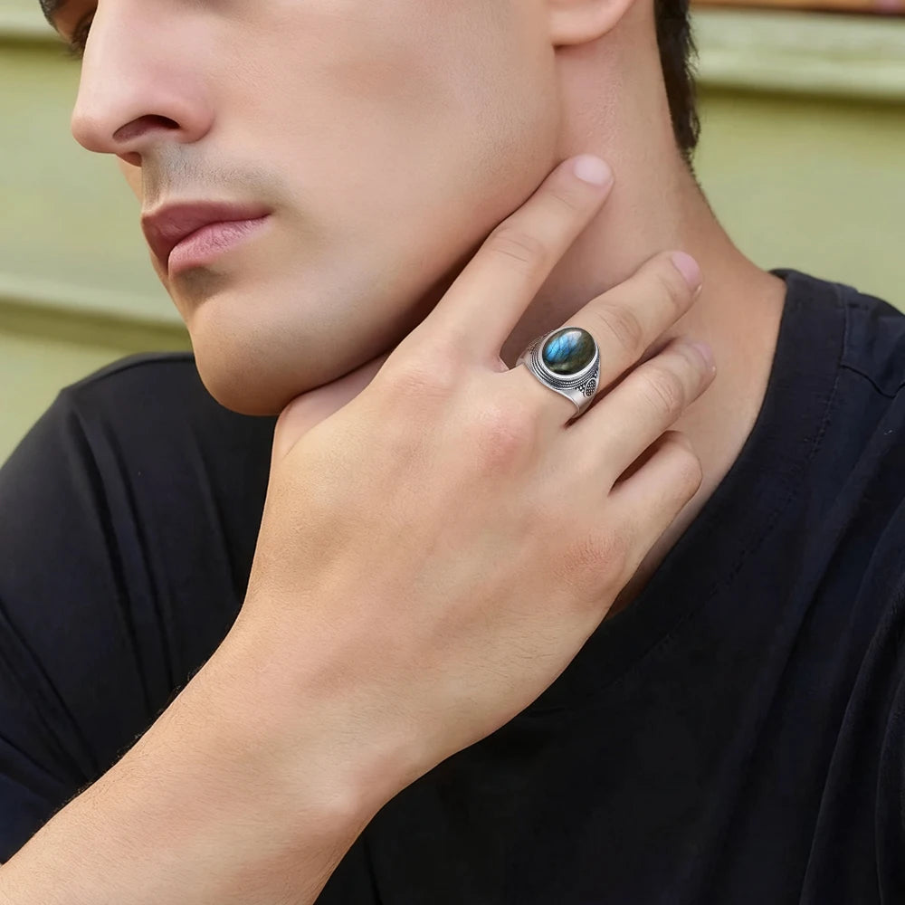 Grosse Bague Pierre de Lune Ovale 10x14 mm, Rétro Argentée