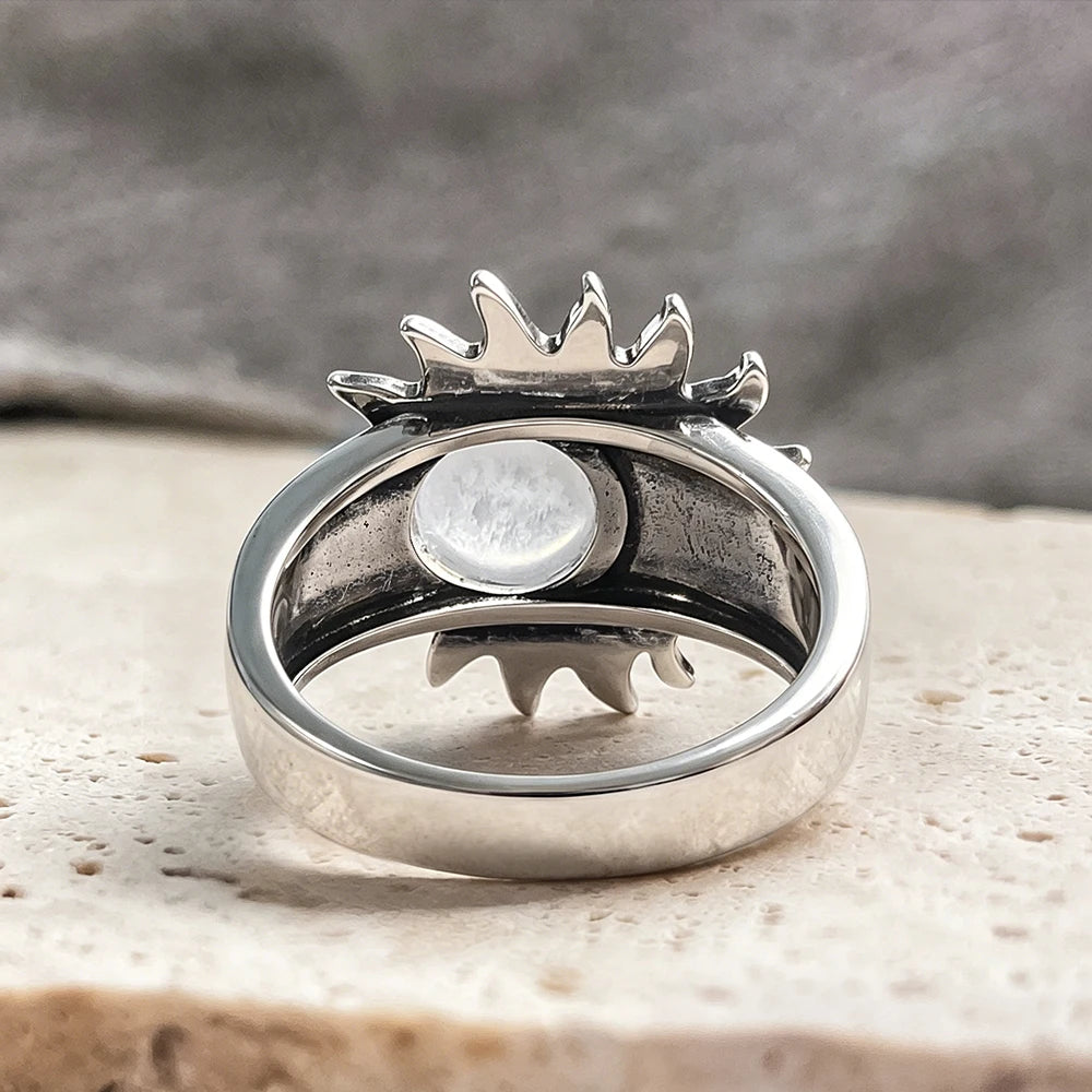 Bague Cabochon Pierre de Lune 8 mm, Lune et Étoile