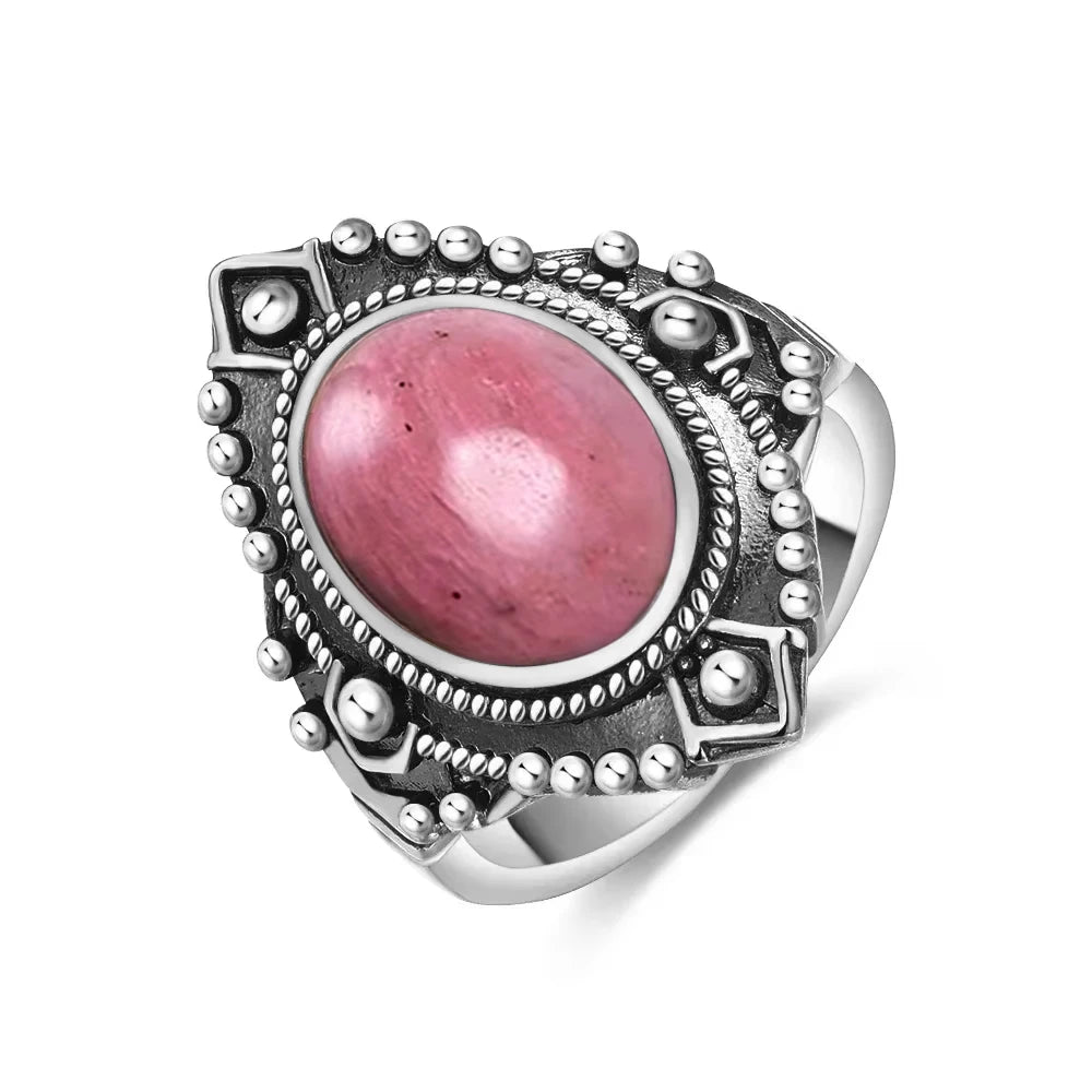 Grosse Bague Pierre de Lune Ovale 10x14 mm, Rétro Argentée
