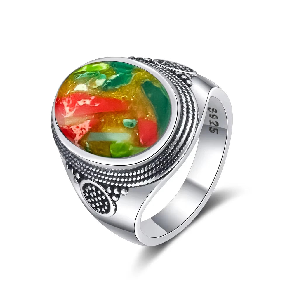 Grosse Bague Pierre de Lune Ovale 10x14 mm, Rétro Argentée