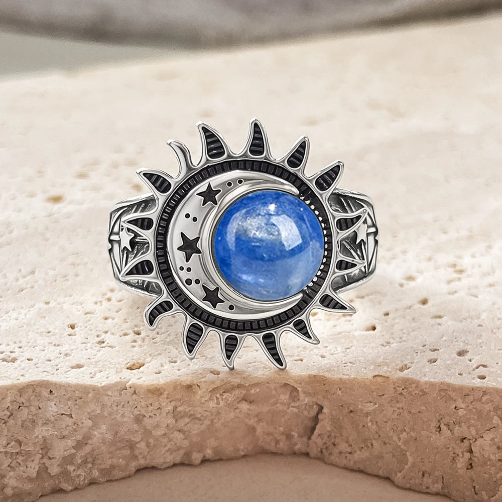 Bague Cabochon Pierre de Lune 8 mm, Lune et Étoile