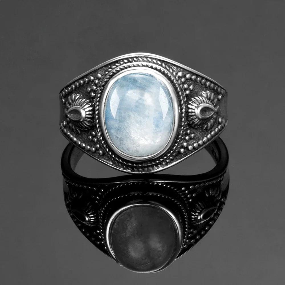 Bague Pierre de Lune Vintage, Grande Pierre Ovale Argentée