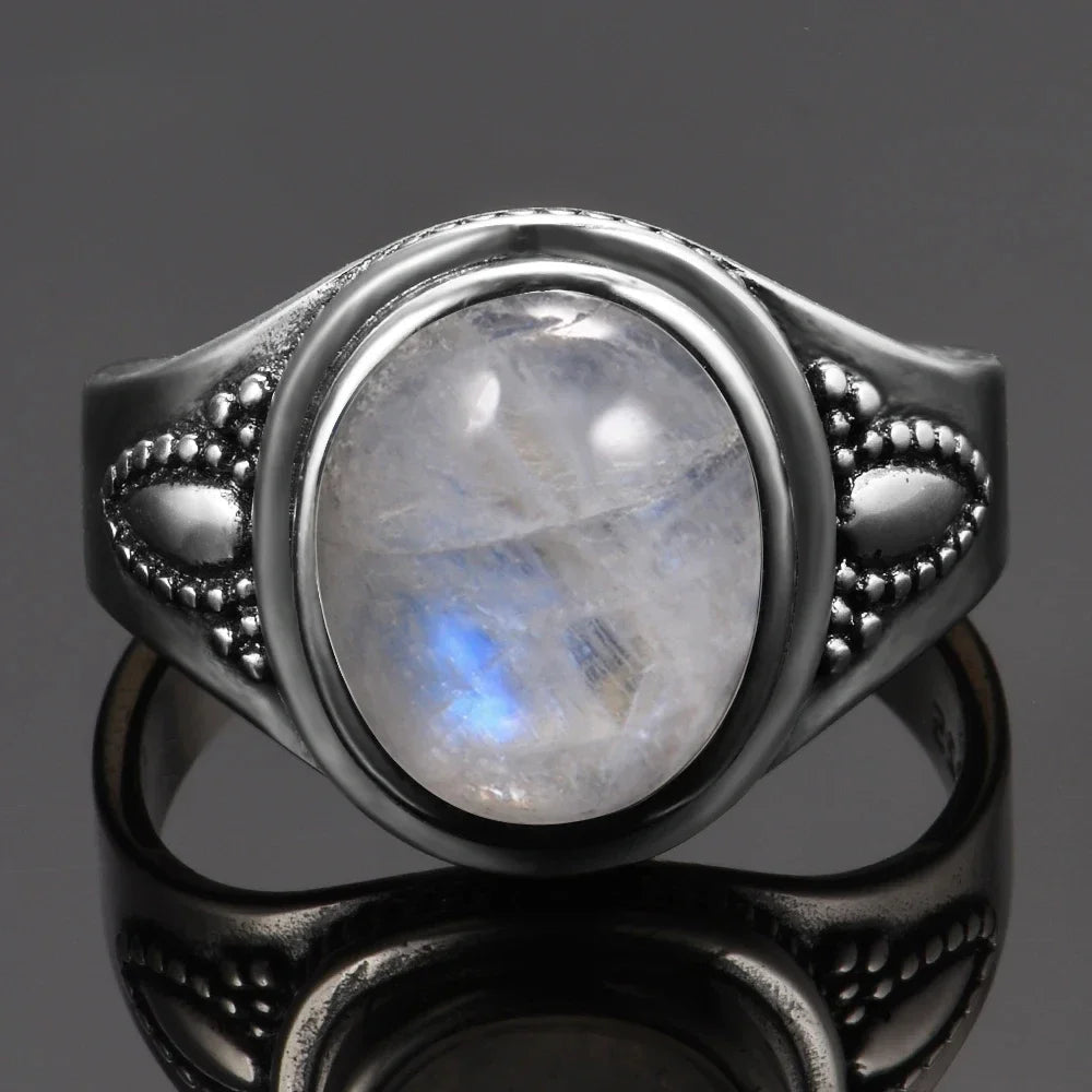 Bague Pierre de Lune Vintage, Grande Pierre Ovale Argentée