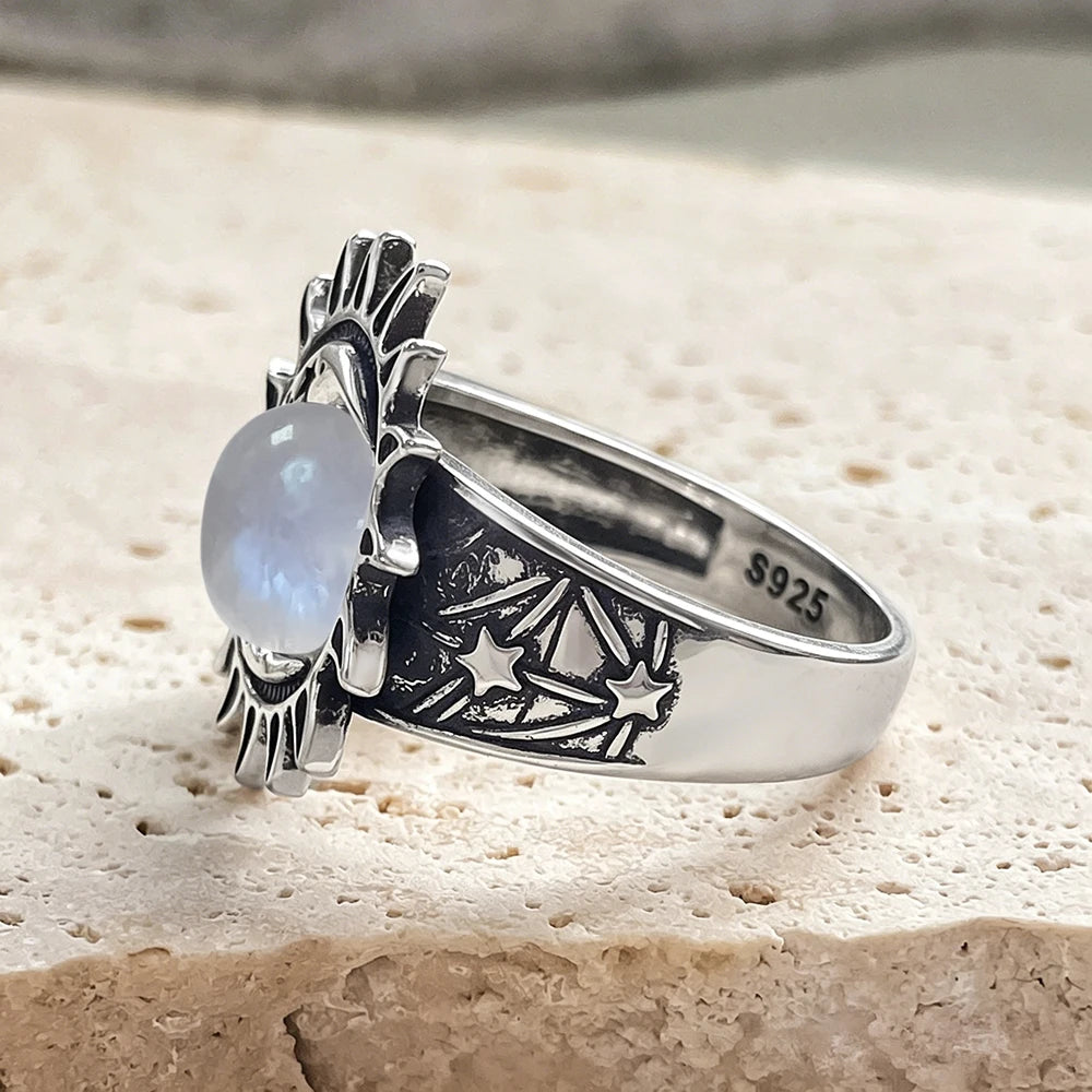 Bague Cabochon Pierre de Lune 8 mm, Lune et Étoile