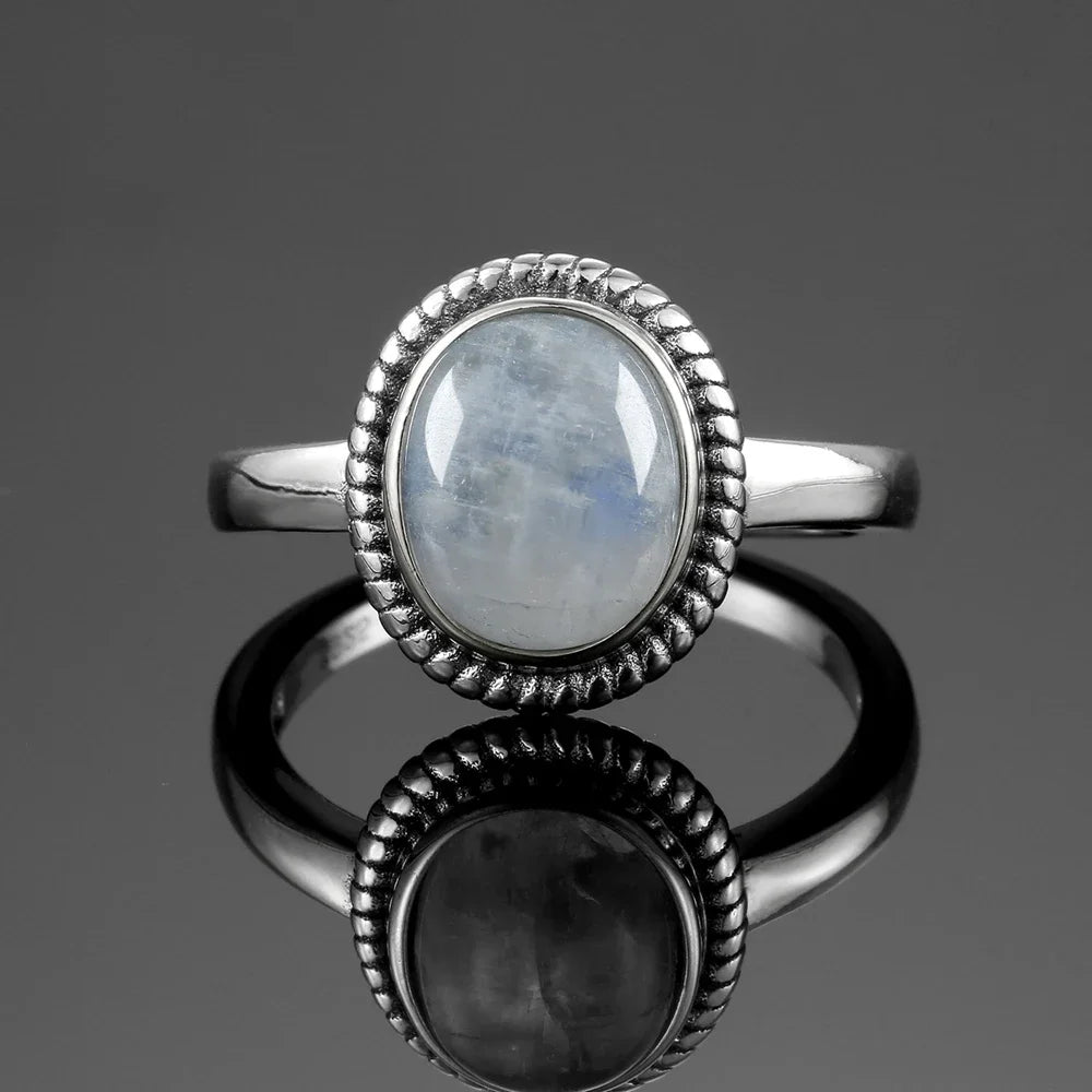 Bague Pierre de Lune Vintage, Grande Pierre Ovale Argentée