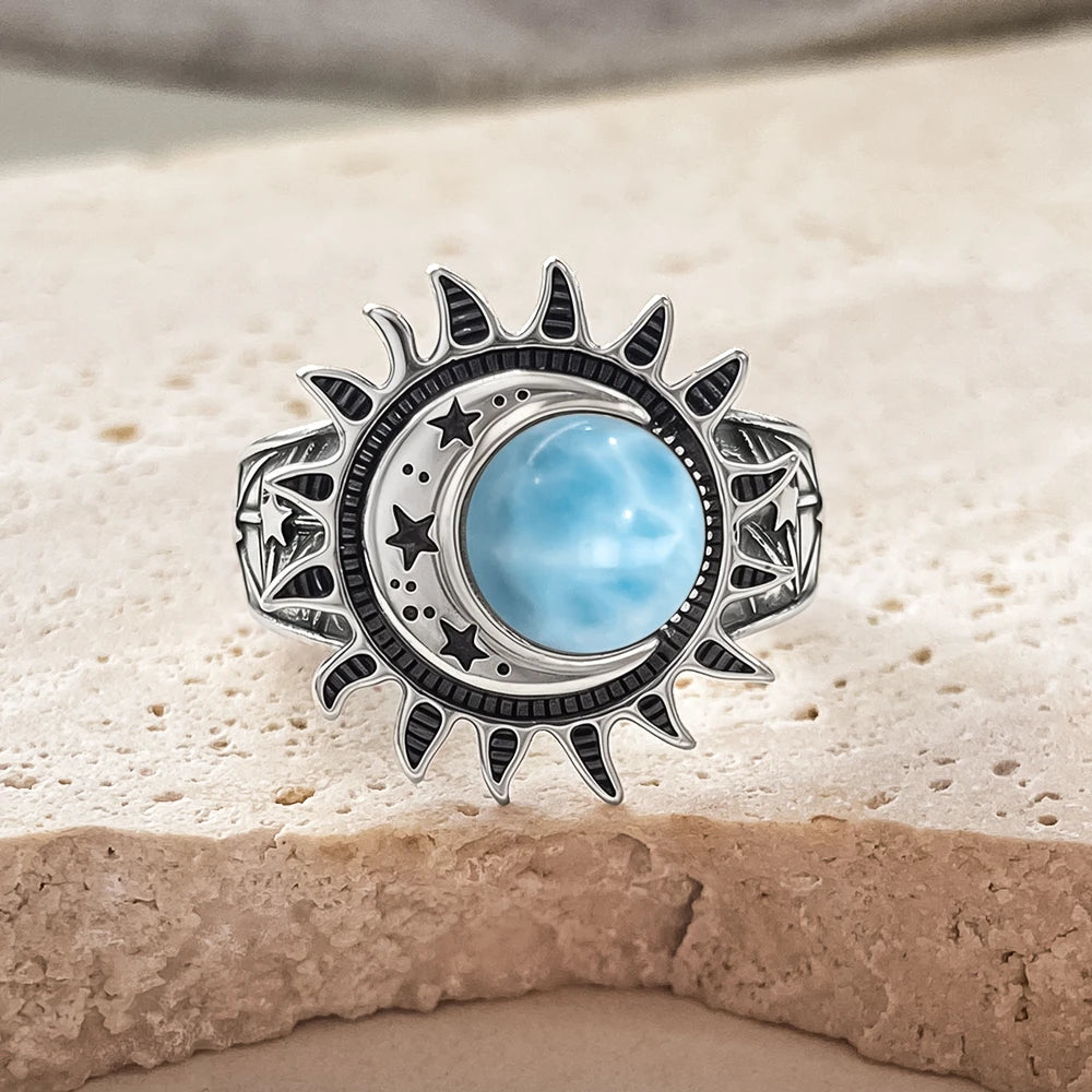 Bague Cabochon Pierre de Lune 8 mm, Lune et Étoile