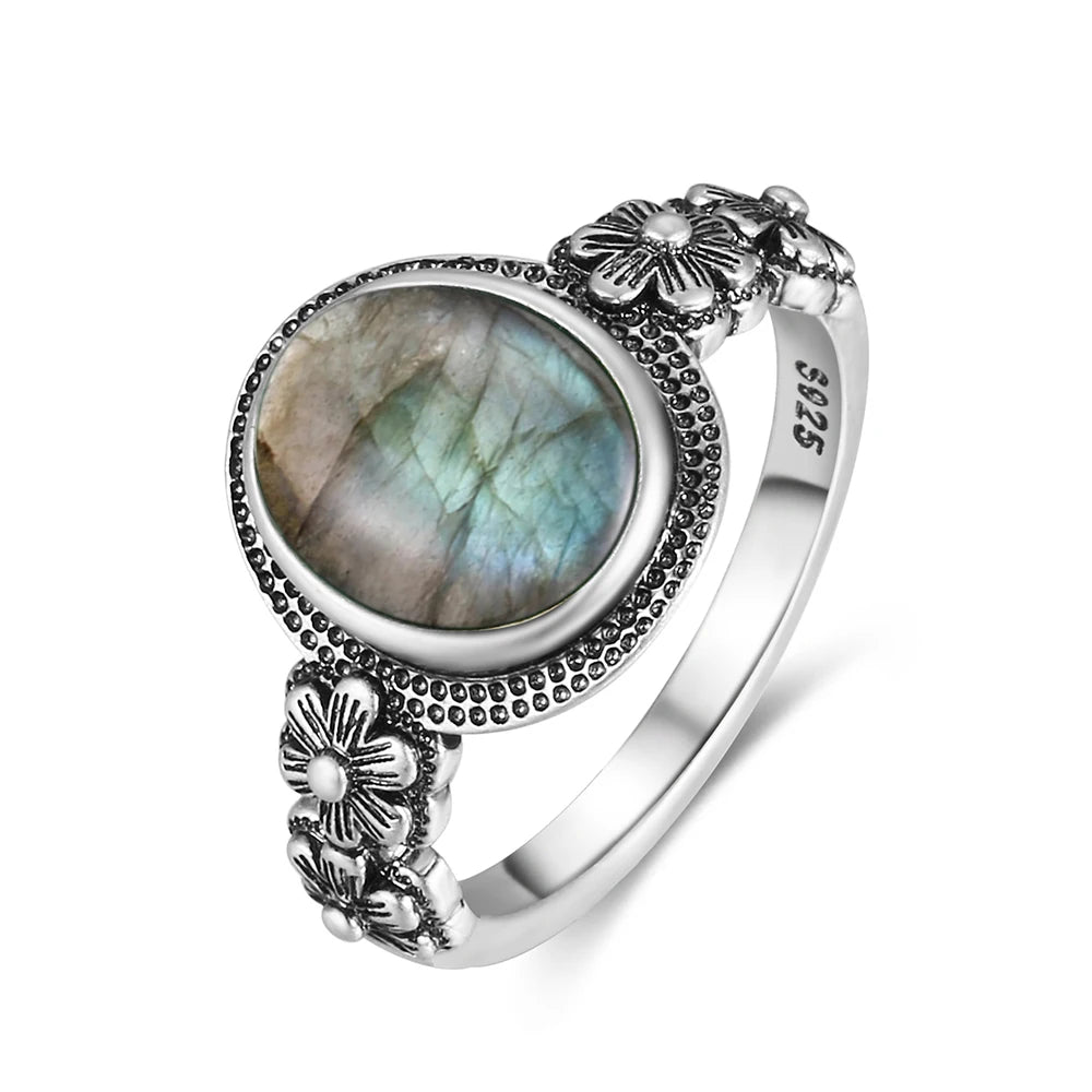 Bague Fiançailles Pierre de Lune, Petite Fleur Argentée