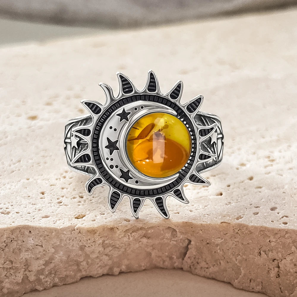 Bague Cabochon Pierre de Lune 8 mm, Lune et Étoile