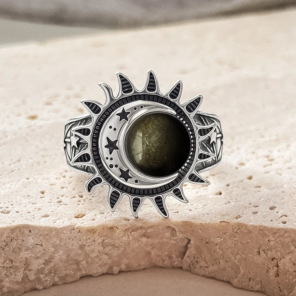 Bague Cabochon Pierre de Lune 8 mm, Lune et Étoile