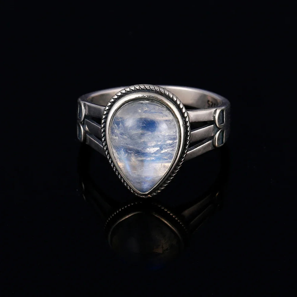 Bague Pierre de Lune Vintage, Grande Pierre Ovale Argentée