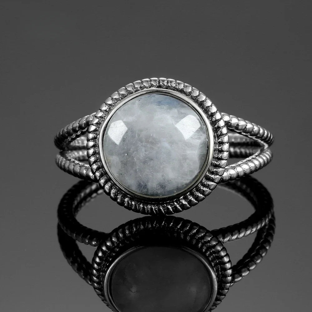 Bague Pierre de Lune Vintage, Grande Pierre Ovale Argentée