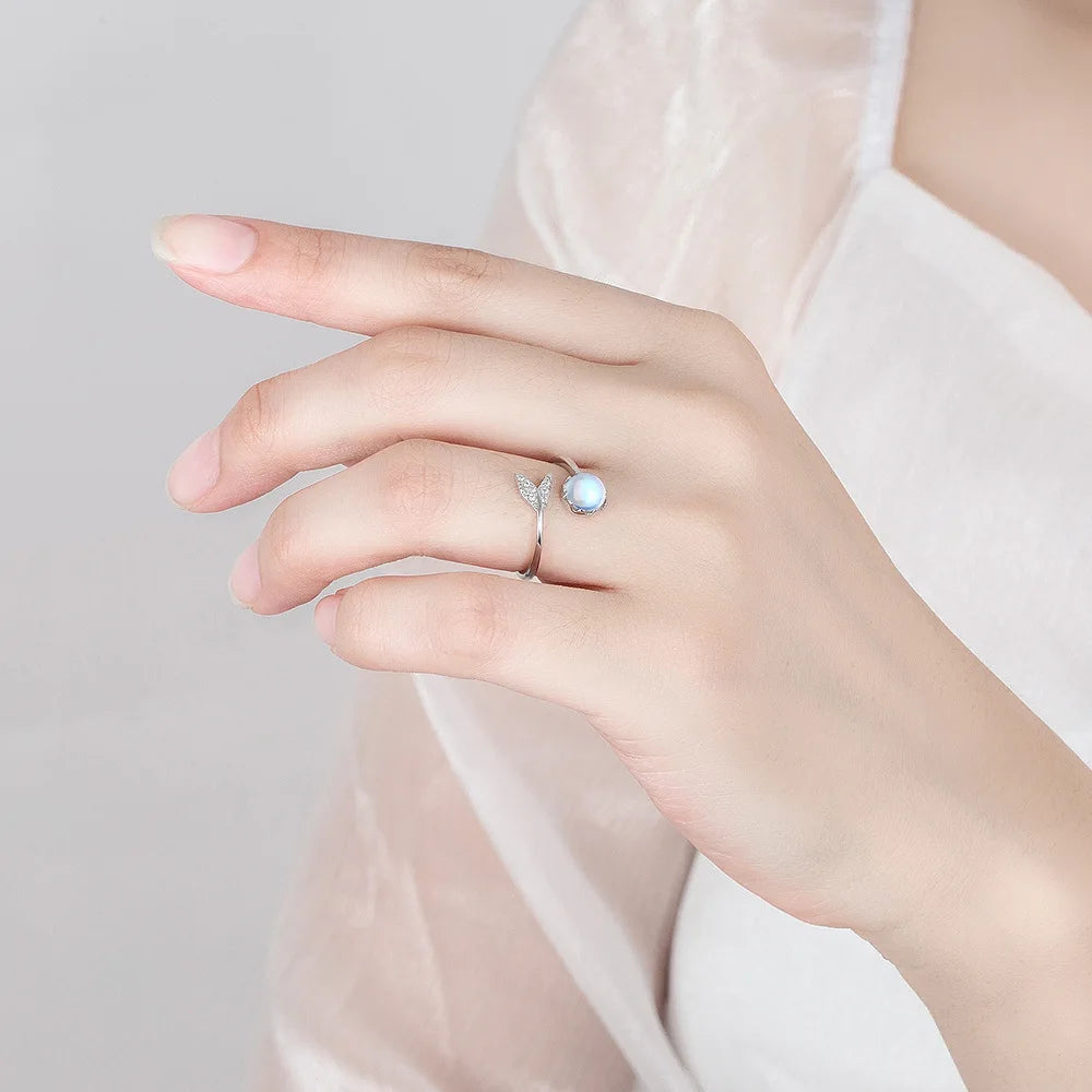 Bague Ajustable Pierre de Lune, Anneau Ouvert Argenté