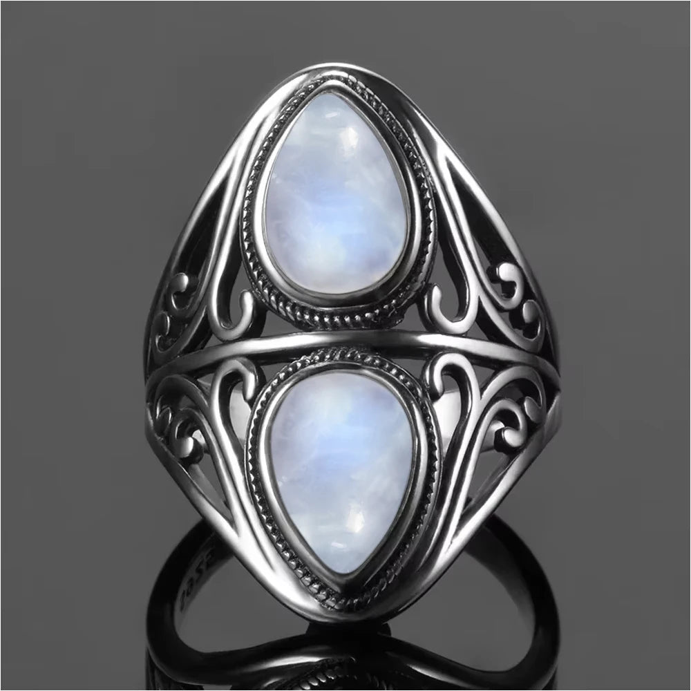 Bague Fiançailles Pierre de Lune, Petite Fleur Argentée