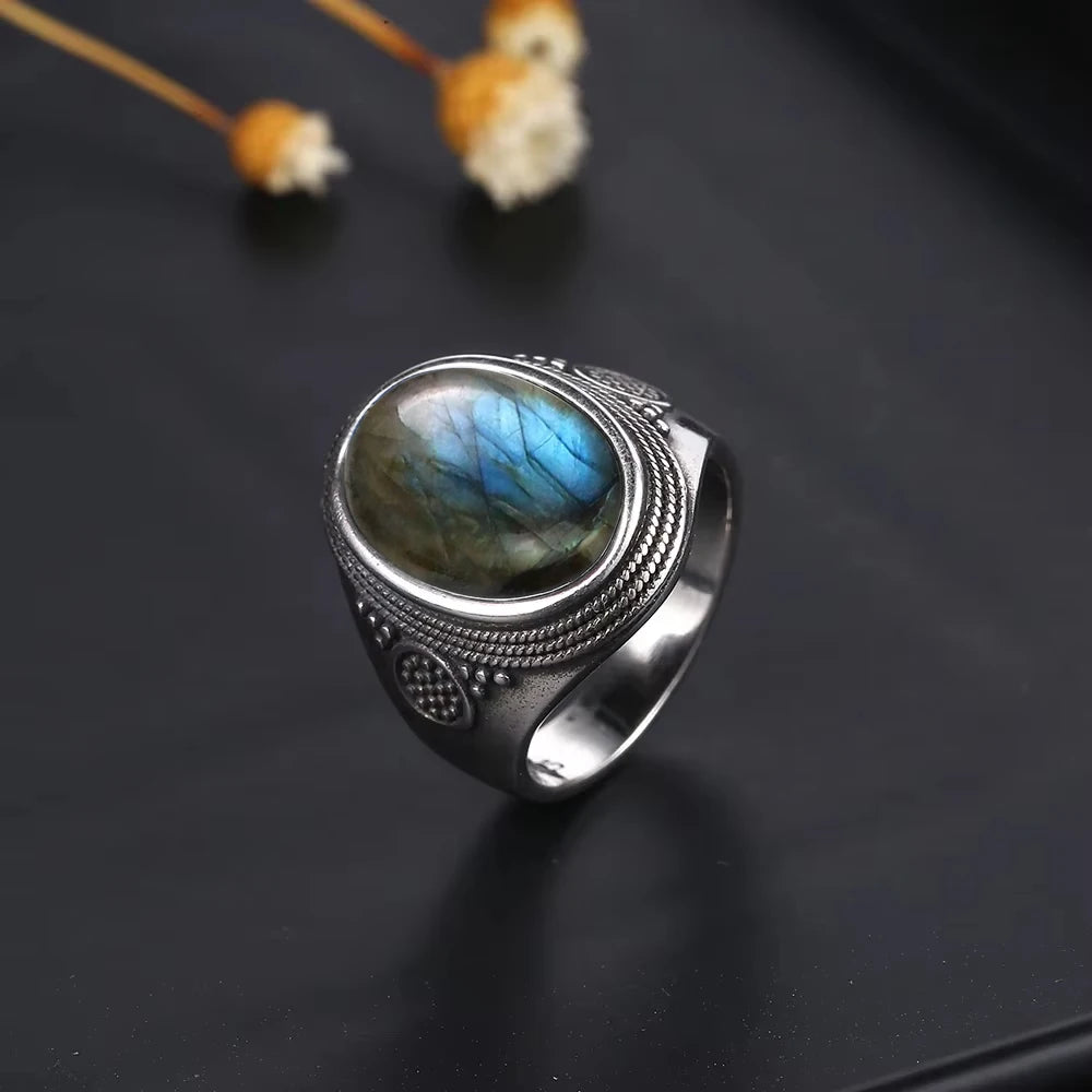 Grosse Bague Pierre de Lune Ovale 10x14 mm, Rétro Argentée