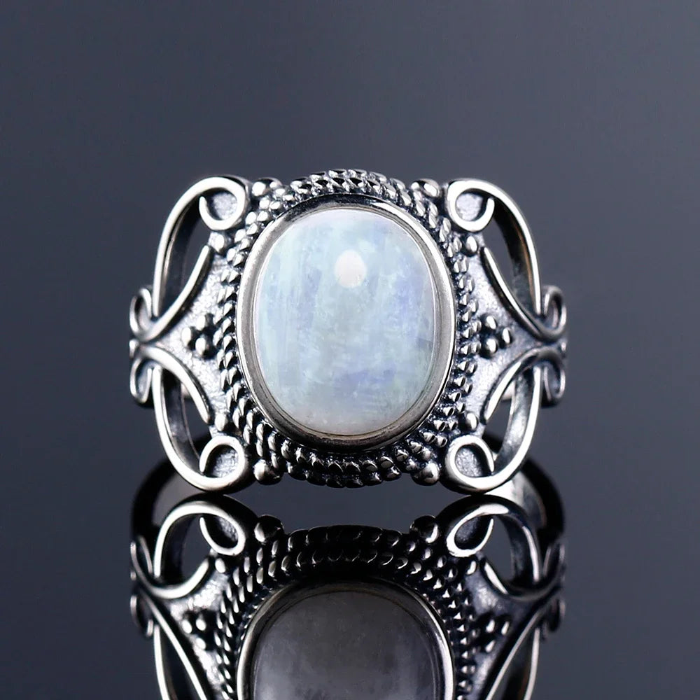 Bague Pierre de Lune Vintage, Grande Pierre Ovale Argentée