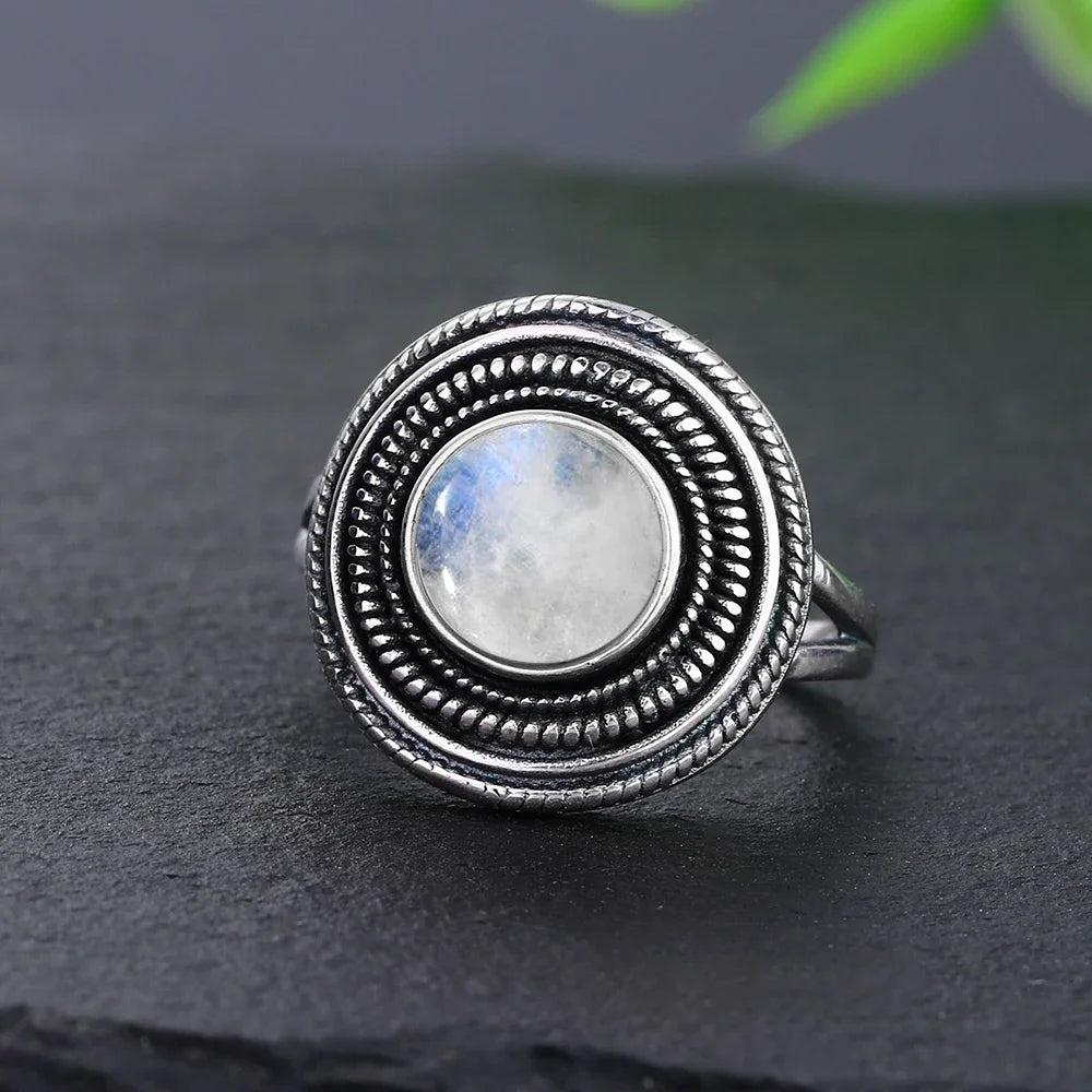 Bague Pierre de Lune Vintage, Grande Pierre Ovale Argentée