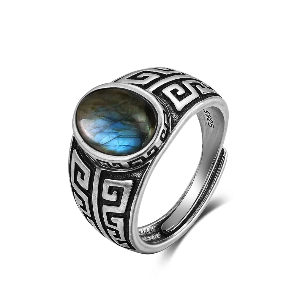 Grosse Bague Pierre de Lune Ovale 10x14 mm, Rétro Argentée