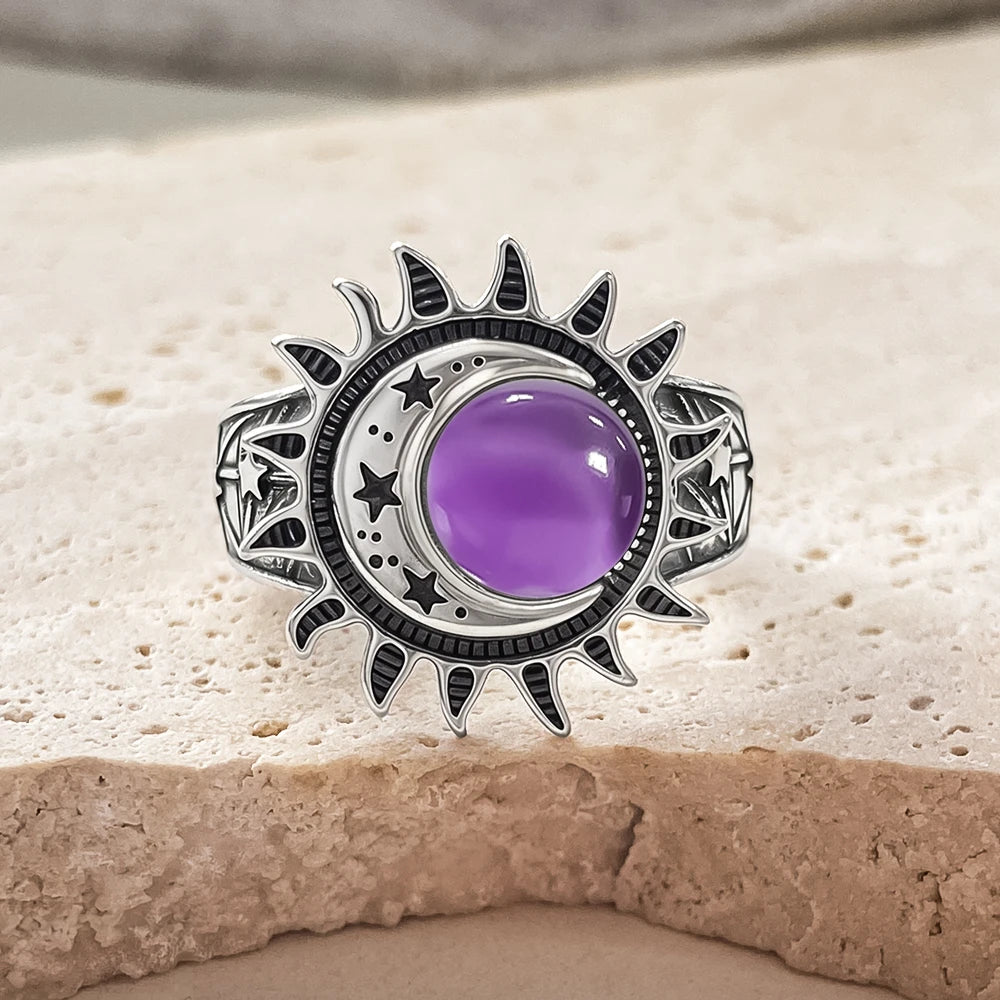 Bague Cabochon Pierre de Lune 8 mm, Lune et Étoile