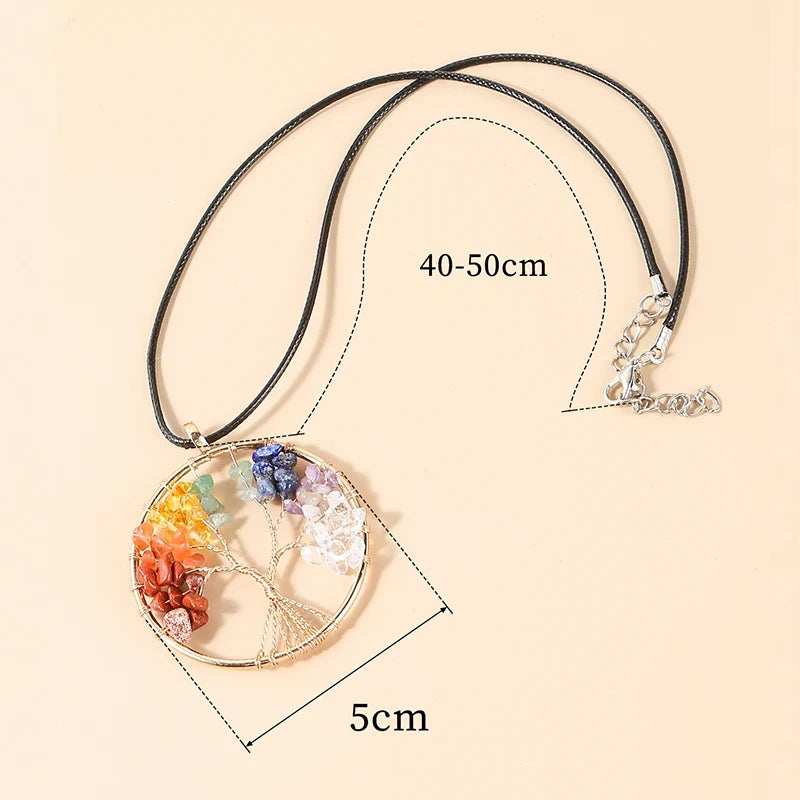 Collier arbre de vie 7 chakras avec cordon ciré et chaînette d'extension