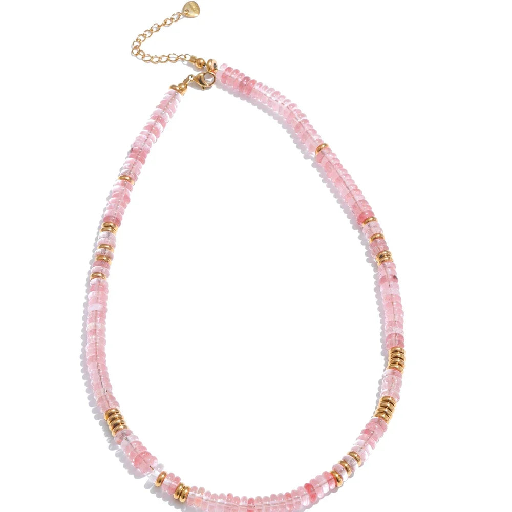 Collier ras de cou pierre naturelle rondelles de quartz rose poudré
