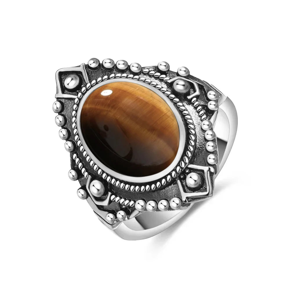 Grosse Bague Pierre de Lune Ovale 10x14 mm, Rétro Argentée