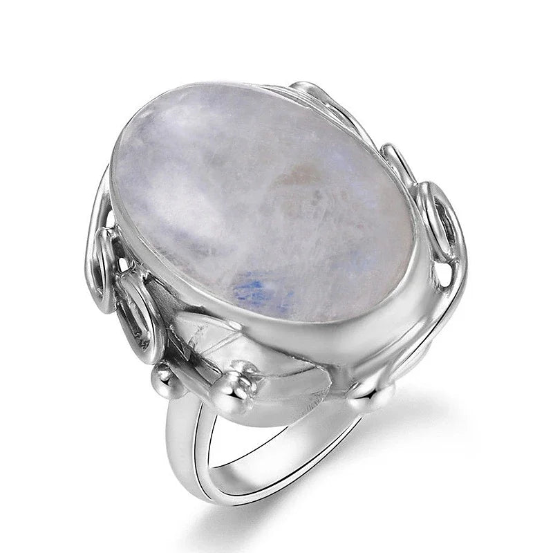 Bague Homme Pierre de Lune, Ovale Rétro Unisexe Argentée