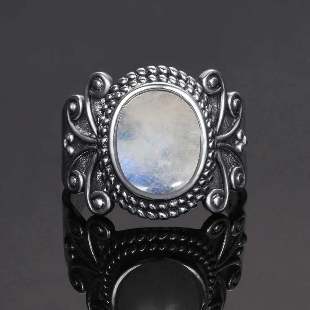 Bague Pierre de Lune Vintage, Grande Pierre Ovale Argentée