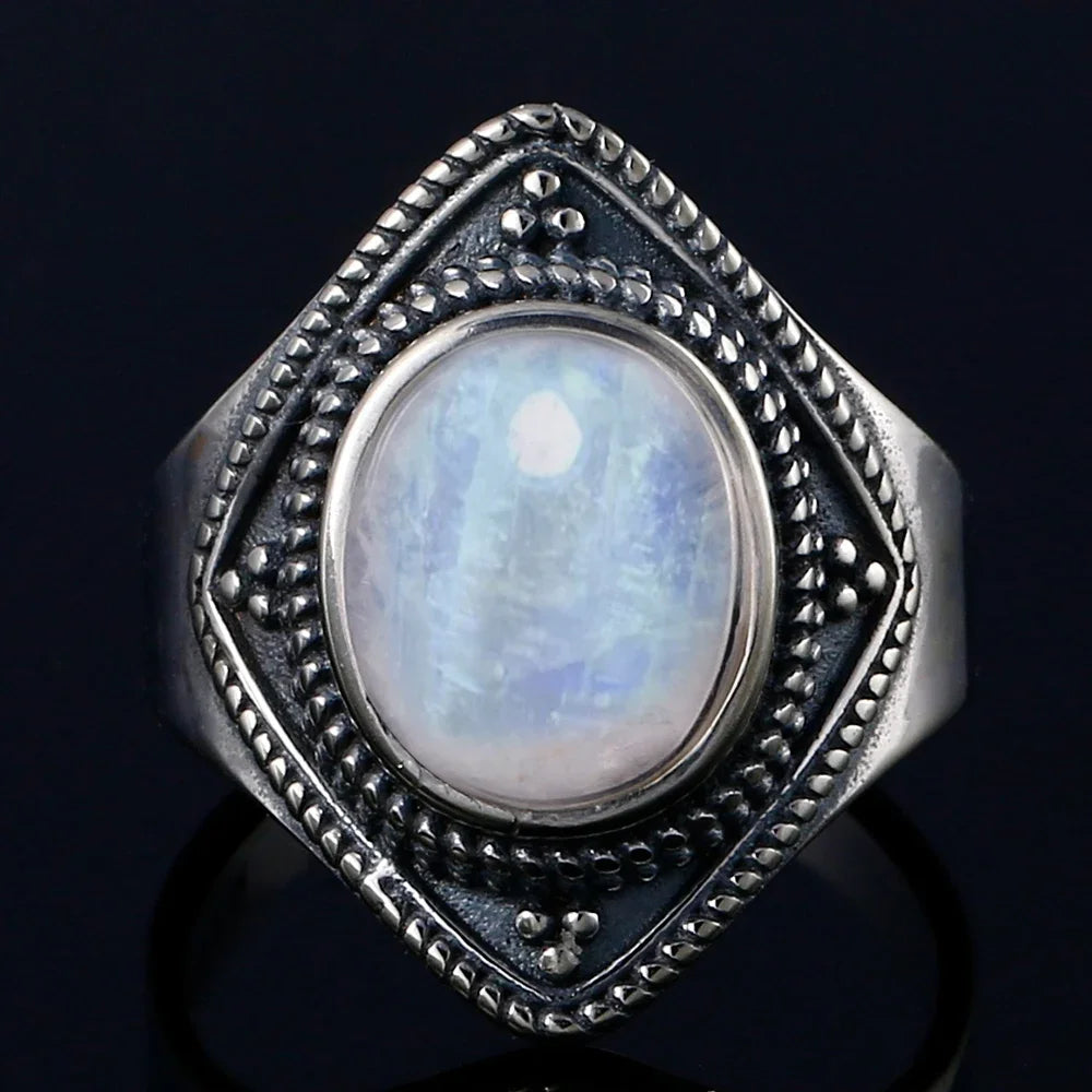 Bague Pierre de Lune Vintage, Grande Pierre Ovale Argentée