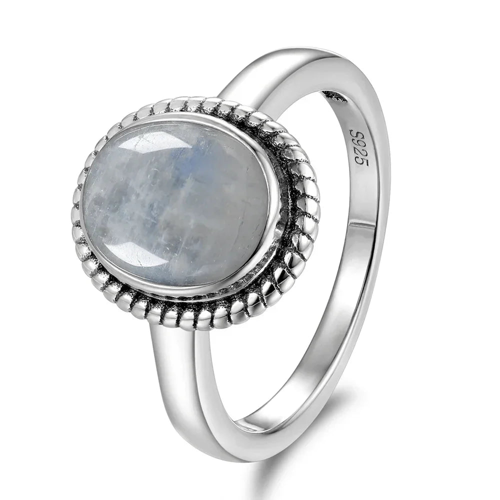 Bague Pierre de Lune Vintage, Grande Pierre Ovale Argentée