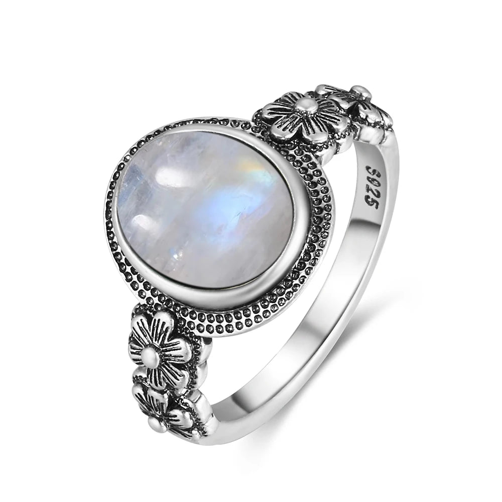 Bague Fiançailles Pierre de Lune, Petite Fleur Argentée