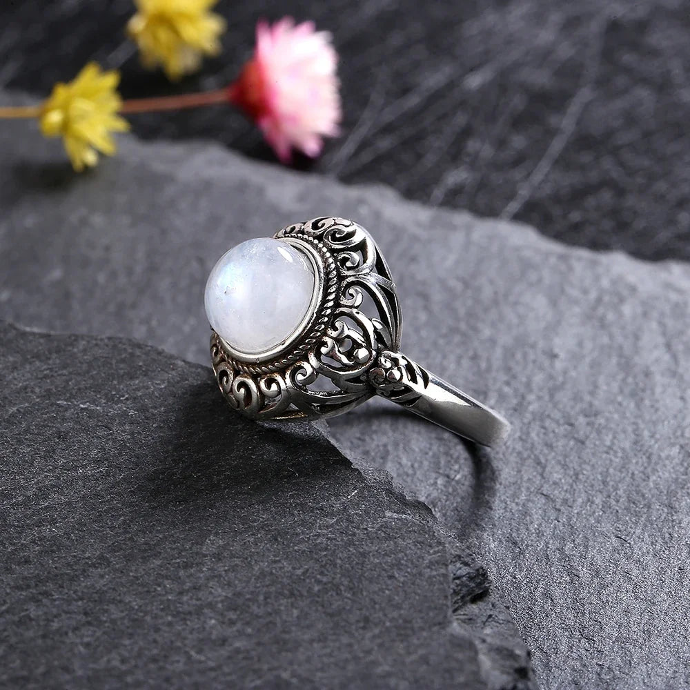 Bague Pierre de Lune Vintage, Grande Pierre Ovale Argentée