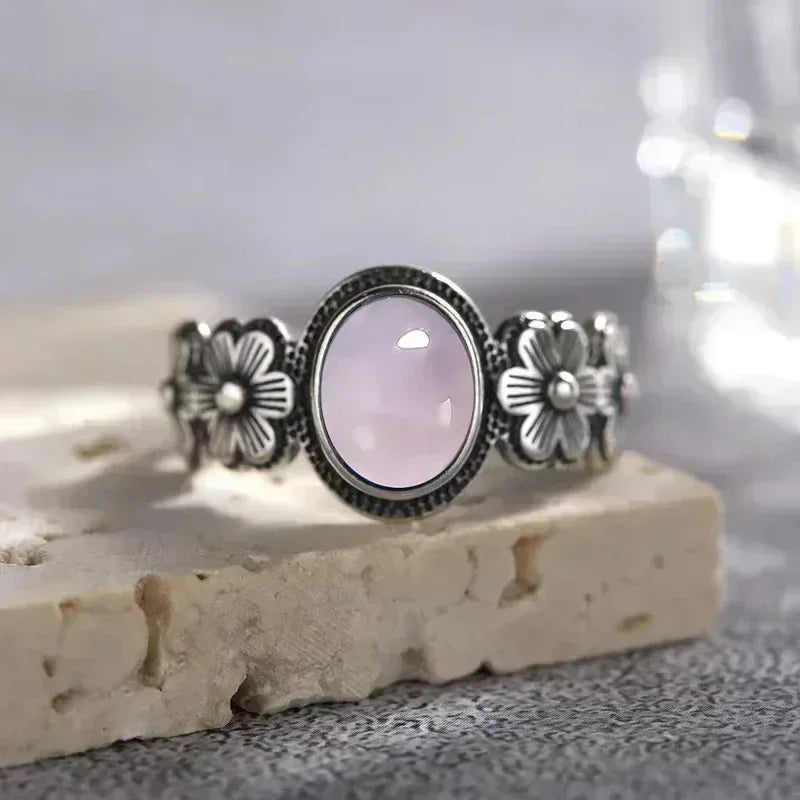 Bague Fiançailles Pierre de Lune, Petite Fleur Argentée