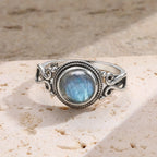 Bague labradorite véritable sur monture argent ciselée, éclat bleu