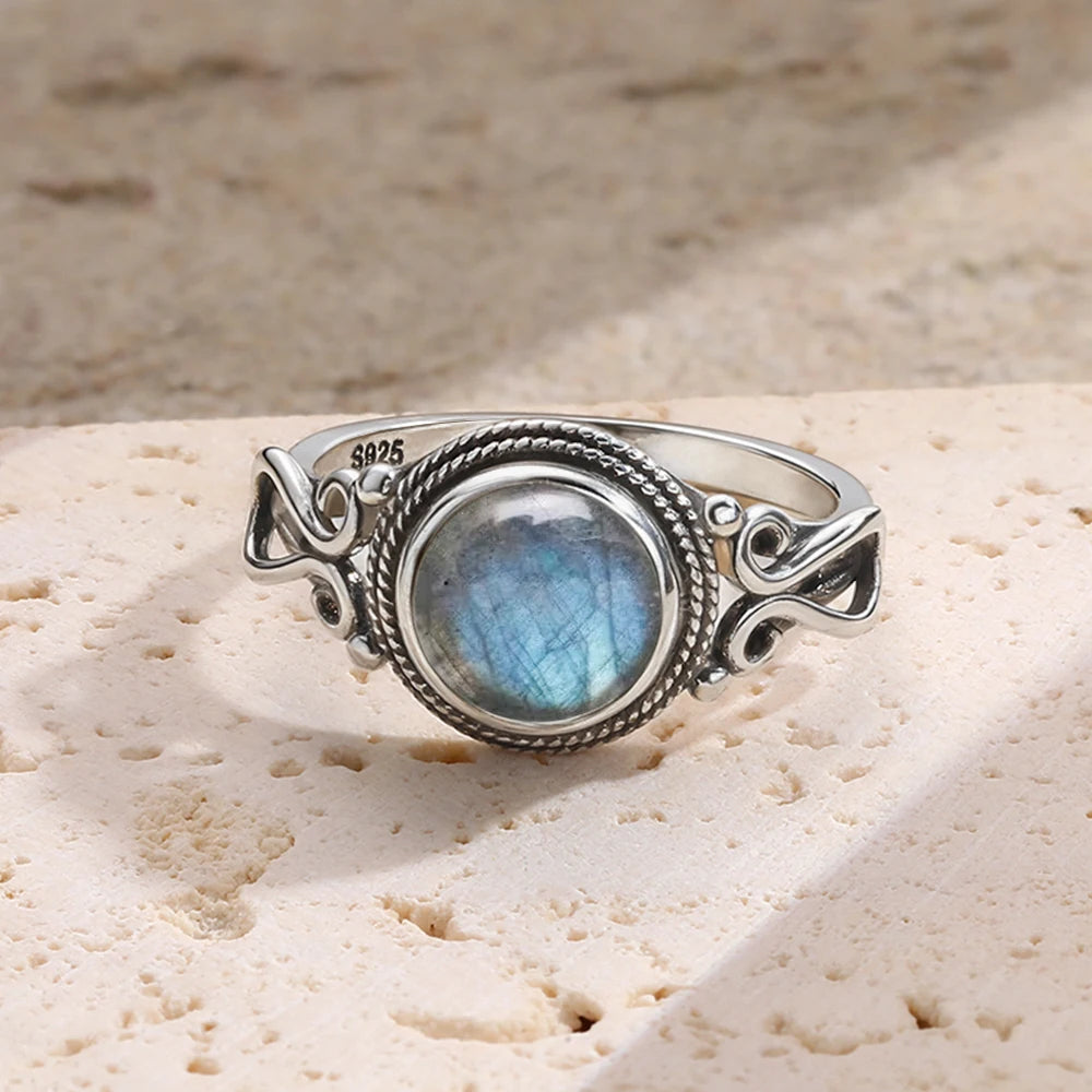 Bague labradorite véritable sur monture argent ciselée, éclat bleu