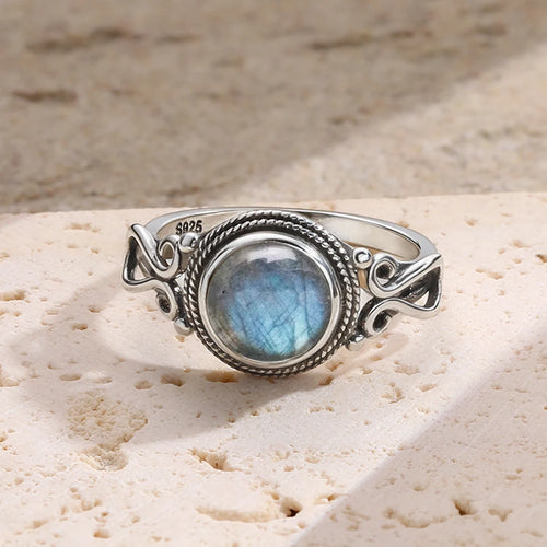 Bague labradorite véritable sur monture argent ciselée, éclat bleu